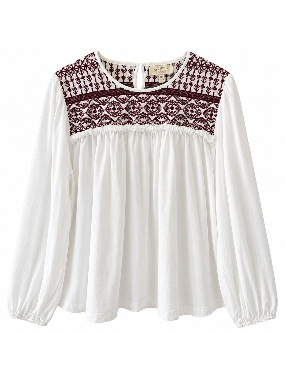 Farmers Market XL White Long Sleeve Top with Burgundy Embroidered Yoke